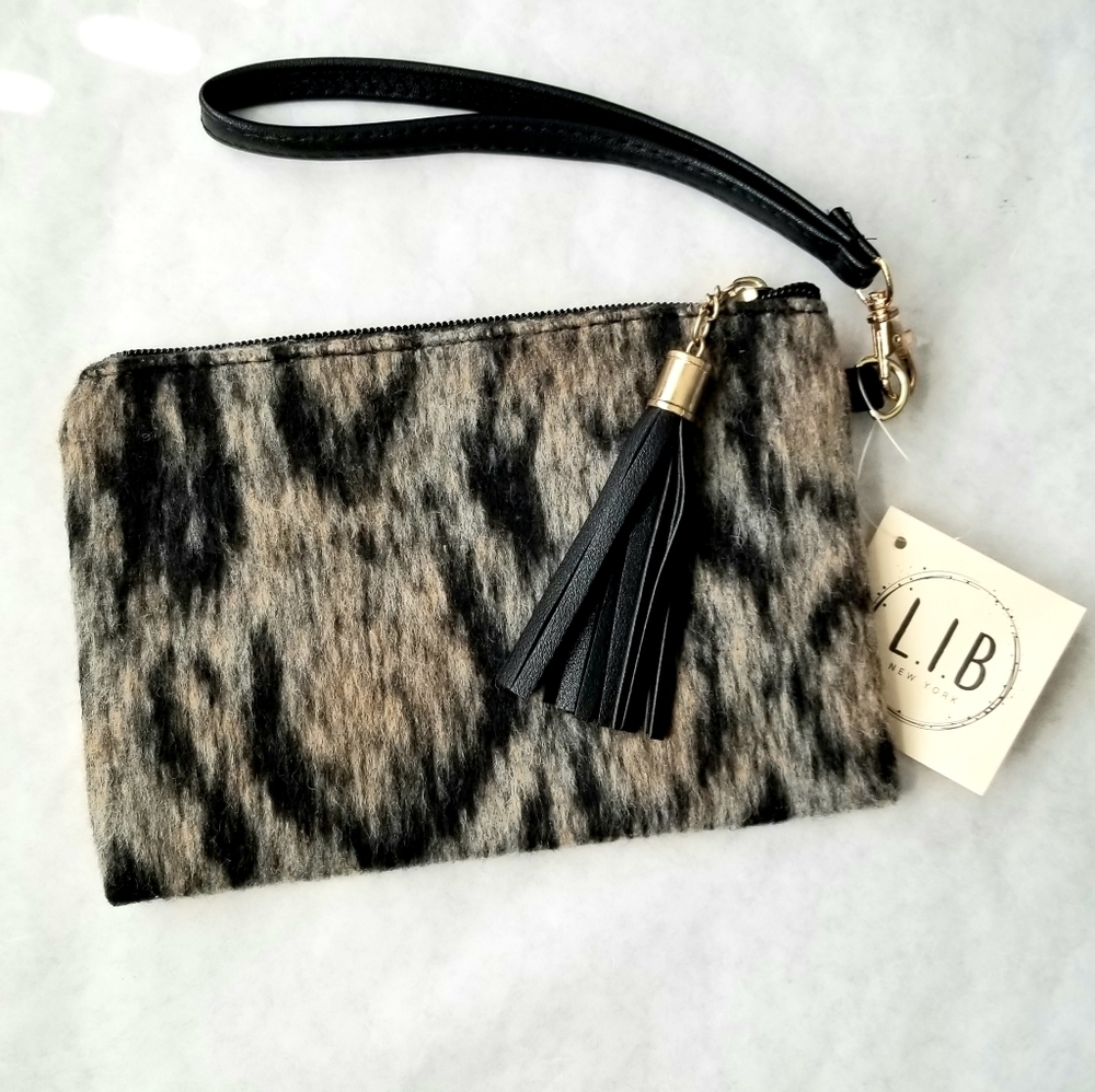 L.I.B. clutch animal print tassel NWT